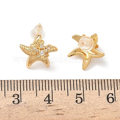 Серьги-гвоздики из латуни с микропаве из прозрачных кубических цирконий в виде морских звезд&nbsp;EJEW-Z152-03G