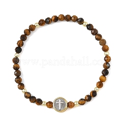 Pulseras elásticas de cuentas de ojo de tigre natural de la religión con cuentas redondas planas de latón con cuentas en forma de cruz&nbsp;BJEW-JB14360-03