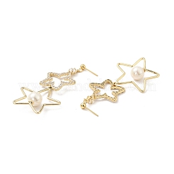 クリア キュービックジルコニア スター ダングル スタッド ピアス アクリル パール  女性のための真鍮のアクセサリー  カドミウムフリー＆ニッケルフリー＆鉛フリー  18KGP本金メッキ  70mm  ピン：0.7mm&nbsp;EJEW-G297-06G