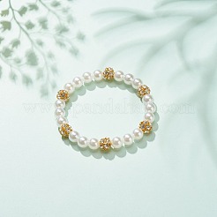 Bracciale elasticizzato con perline tonde in plastica abs e ottone con strass trasparente da donna&nbsp;BJEW-JB08523-01