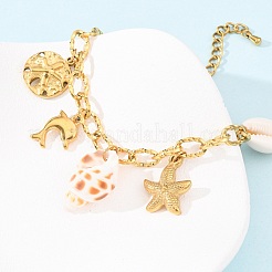 Браслеты с подвесками в виде дельфинов и морских звезд из нержавеющей стали 304 для женщин BJEW-F516-01G