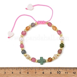 Pulseras trenzadas de cuentas cúbicas facetadas de turmalina multicolor natural&nbsp;BJEW-JB14379-03