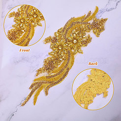 花と葉のガラスラインストーン刺繍布縫い付けアップリケ  ミシンクラフト装飾  ライトカーキ  355x110x9.5mm&nbsp;PATC-WH0008-131
