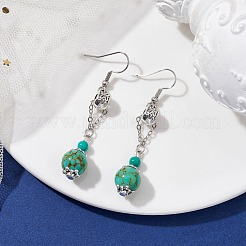合成グリーンターコイズダングルイヤリング  304ステンレススチールロングドロップイヤリング  60x10mm&nbsp;EJEW-JE05621-01