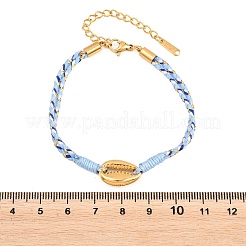 304ステンレススチールリンクブレスレット  女性用コットンロープ編みブレスレット  18KGP本金メッキ  ディープスカイブルー  6.69インチ（17cm）  シェル：16x11x4mm&nbsp;BJEW-K303-02D