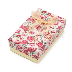 花柄ダンボールジュエリー包装箱  2スロット  リングイヤリング用  リボン蝶結びと黒いスポンジ付き  長方形  淡いチソウ  8x5x2.6cm&nbsp;CBOX-L007-003C
