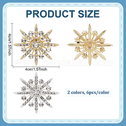 12個 2色 スノーフレーク合金ラインストーン ラペルピン バックパック 服用  プラチナ·ゴールデン  40x40mm  6個/カラー&nbsp;JEWB-PH0001-86