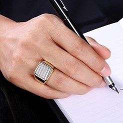 メンズステンレススチールフィンガー指輪  ワイドバンドリング  正方形  ホワイト  ゴールドカラー  usサイズ10（19.8mm）&nbsp;RJEW-BB29400-A-10