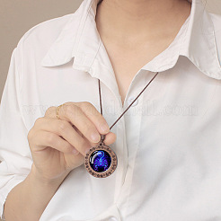 Плоский круглый с двенадцатью созвездиями подвеска из синего стекла и дерева ожерелье из вощеной кожи шнур для женщин и мужчин WG486C3-08