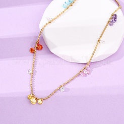 304 нержавеющая сталь шариковая цепочка цветные кубические цирконии плоские круглые кисточки ожерелья для женщин&nbsp;LS-NJEW-A051-03G-01