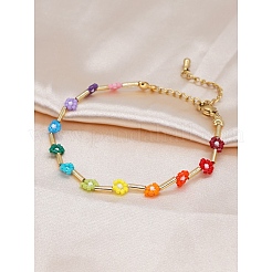MIYUKIグラスシードデイジーフラワービーズブレスレット女性用  カラフル  6-1/2インチ（16.5cm）&nbsp;BJEW-A121-66