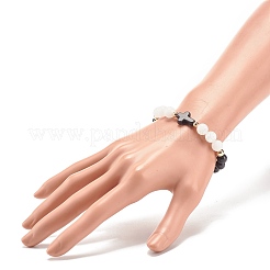 Эластичный браслет из натурального белого нефрита и синтетической бирюзы (окрашенный) с крестом&nbsp;BJEW-JB08295-01