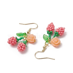 桜の花と304ステンレススチールガラスシードビーズダングルイヤリング  釣り糸ナイロンワイヤー＆アクリルチャーム＆樹脂  ゴールドカラー  ピンク  42x18mm&nbsp;EJEW-MZ00419-02