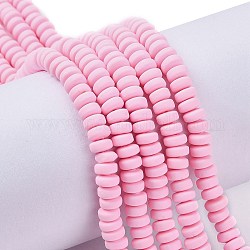 Granos de arcilla polimérica hechos a mano hebras, Para suministros de manualidades de joyería diy, plano y redondo, rosa perla, 6~7x3mm, agujero: 1.5 mm, aproximamente 113~116 pcs / cadena, 15.55 pulgada ~ 16.14 pulgadas (39.5~41 cm)