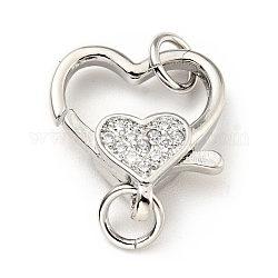 Fermagli a forma di moschettone a forma di cuore con zirconi chiari in ottone micro pavé, con doppi anelli di salto,  cadmio& piombo libero, platino, 21mm, Foro: 3.5 mm