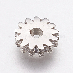 Micro latón allanan cúbicos separadores de abalorios de zirconia, plano y redondo / engranajes, Claro, Platino, 8x2mm, agujero: 2 mm