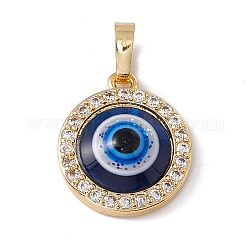 Brass Micro Pave Clear Cubic Zirconia Pendants, with Resin Cabochon, Cadmium Free & Nickel Free & Lead Free, Rack Plating, Flat Round with Evil Eye Pattern, Real 18K Gold Plated, 17x14.5x5mm, Hole: 3.5x6mm