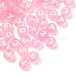 Perles acryliques roses transparentes, trou horizontal, mélange de lettres, plat rond avec lettre blanche, 7x4mm, Trou: 1.5mm, 100 pcs /sachet 