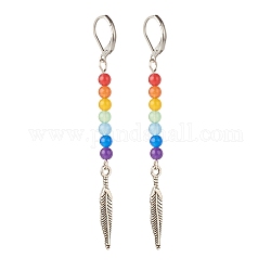 Natural Malaysia Jade with Alloy Feather Long Dangle Leverback Earrings, 7 Chakra Gemstone Jewelry for Women, Antique Silver, 80mm, Pin: 0.6mm