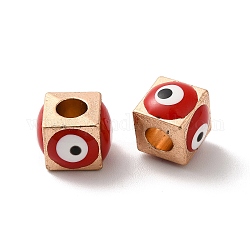 Perles européennes d'émail en alliage, Perles avec un grand trou   , or clair, cube avec le mauvais œil, rouge, 8x10.5x10.5mm, Trou: 4.3mm