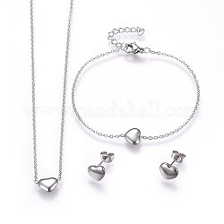 Kits de bijoux en 304 acier inoxydable, colliers pendants et boucles d'oreilles et bracelets, cœur, couleur inoxydable, 16.93 pouce (43 cm), 6-3/4 pouce (17 cm), 7x9x2.5mm, pin: 0.8 mm