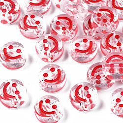 Perles en acrylique transparente, trou horizontal, avec poudre scintillante et émail, plat rond avec le visage de sourire, rouge, 10x5mm, Trou: 2mm, environ 1280 pcs/400 g
