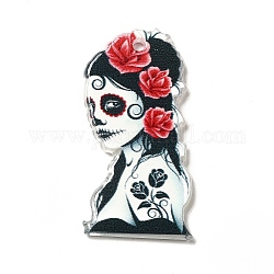 Pendentifs acryliques d'halloween, skullgirls avec des breloques de fleurs, rouge, 35.5x18x2.2mm, Trou: 1.8mm