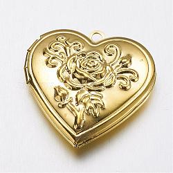 Ciondoli medaglione in ottone, cuore con rosa, oro, 29x29x7.5mm, Foro: 2 mm