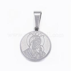 304 Stainless Steel Pendants, Flat Round, with Mother & Son, Stainless Steel Color, 17x15x1mm, Hole: 8x4mm