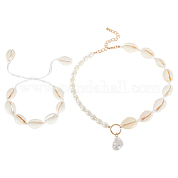 Anattasoul pulsera de cuentas trenzadas de concha natural y collar con colgante de perlas de imitación, conjunto de joyas para mujer, mocasín, 17.52 pulgada (44.5 cm), 1-3/4~3-1/4 pulgada (4.5~8.3 cm), 2 unidades / caja