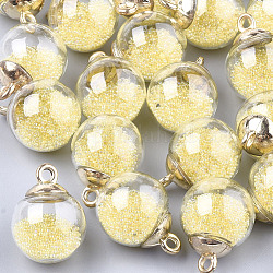 Pendentifs de boule en verre, avec micro perles et accessoires plastiques CCB, ronde, champagne jaune, 21x15.5~16mm, Trou: 2mm