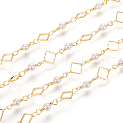 3.28 Feet Brass Handmade Beaded Chain, with Round Glass Beads, Long-Lasting Plated, Soldered, Rhombus, Real 18K Gold Plated, Link: 4x2x0.3mm, Rhombus: 8x8x1mm, Round: 13x4mm