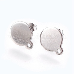 304 Stainless Steel Stud Earring Findings, with Flat Plate, Flat Round, Stainless Steel Color, 12mm, 12.5x10x1mm, pin: 0.8mm