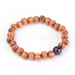 Bracelets extensibles avec perles en bois, avec des perles naturelles améthyste, 53mm