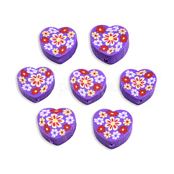 Handmade Polymer Clay Beads, Heart with Flower, Dark Violet, 9x10x4.5mm, Hole: 1.2mm