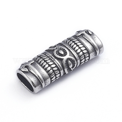 Retro 304 Edelstahl Slide Charms / Slider Perlen, für die Herstellung von Lederbändern, Rechteck mit Blattmuster, Antik Silber Farbe, 11.5x30.5x8 mm, Bohrung: 4x8 mm