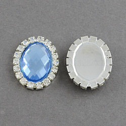 Shining Flat Back Faceted Oval Acrylic Rhinestone Cabochons, with Grade A Crystal Rhinestones and Brass Cabochon Settings, Silver Metal Color, Cornflower Blue, 25x20x5mm