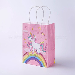 kraft Paper Bags, with Handles, Gift Bags, Shopping Bags, Rectangle, Horse Pattern, Pink, 21x15x8cm