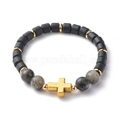 Natural Larvikite Beads Stretch Bracelets, with Handmade Polymer Clay & Alloy Cross & Brass Beads, Black, 1/4 inch(0.6cm), Inner Diameter: 2-1/4 inch(5.75cm)
