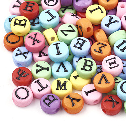 Perles acryliques, plat rond avec alphabet grec, couleur mixte, 7x4mm, Trou: 1mm