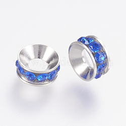 Brass Spacer Beads,  with Grade A Rhinestone, Rondelle, Platinum, Sapphire, 13x4.5mm, Hole: 6.5mm