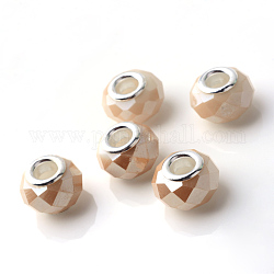 Galvani Glas europäischen Perlen, Großloch perlen, mit Messing-Kerne, silberfarben plattiert, imitatorische Jade, facettierte Rondelle, blanchierte Mandel, 14x9.5 mm, Bohrung: 5 mm