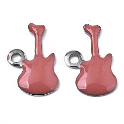 201 Stainless Steel Enamel Charms, Guitar, Stainless Steel Color, Indian Red, 15x9x2mm, Hole: 1.6mm