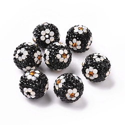 Perline strass polimero argilla, perline palla di disco, rotonda con fiore, jet, 16mm, Foro: 1.6~1.8 mm