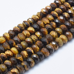 Natural Tiger Eye Beads Strands, Rondelle, Faceted, 10x6~6.5mm, Hole: 1mm, about 66pcs/strand, 16.14 inch(41cm)