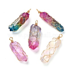 Electroplate Natural Quartz Crystal Pendants, with Real 18K Gold Plated Eco-Friendly Copper Wire, Nuggets, Mixed Color, 45~56x12~16x10~15mm, Hole: 4~4.5mm