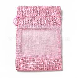 Bolsas de lino, bolsas de cordón, con ventanas de organza, Rectángulo, rosa perla, 14x10x0.5 cm