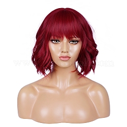 Короткие вьющиеся парики боб, синтетические парики, с челкой, термостойкое высокотемпературное волокно, для женщины, средне фиолетовый красный, 13.77 дюйм (35 см)