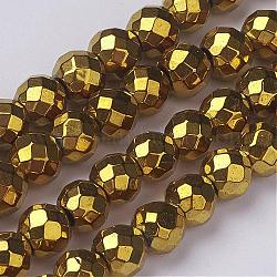 Non magnetici perle ematite sintetico fili, placcatura di vuoto, sfaccettato (64 sfaccettatura), tondo, oro placcato, oro, 6mm, Foro: 1.5 mm