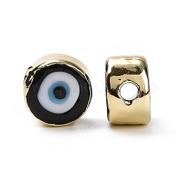 Handmade Evil Eye Lampwork Beads, with Golden Tone Brass Findings, Long-Lasting Plated, Cadmium Free & Lead Free, Flat Round, Black, 12.5x8mm, Hole: 2.5mm